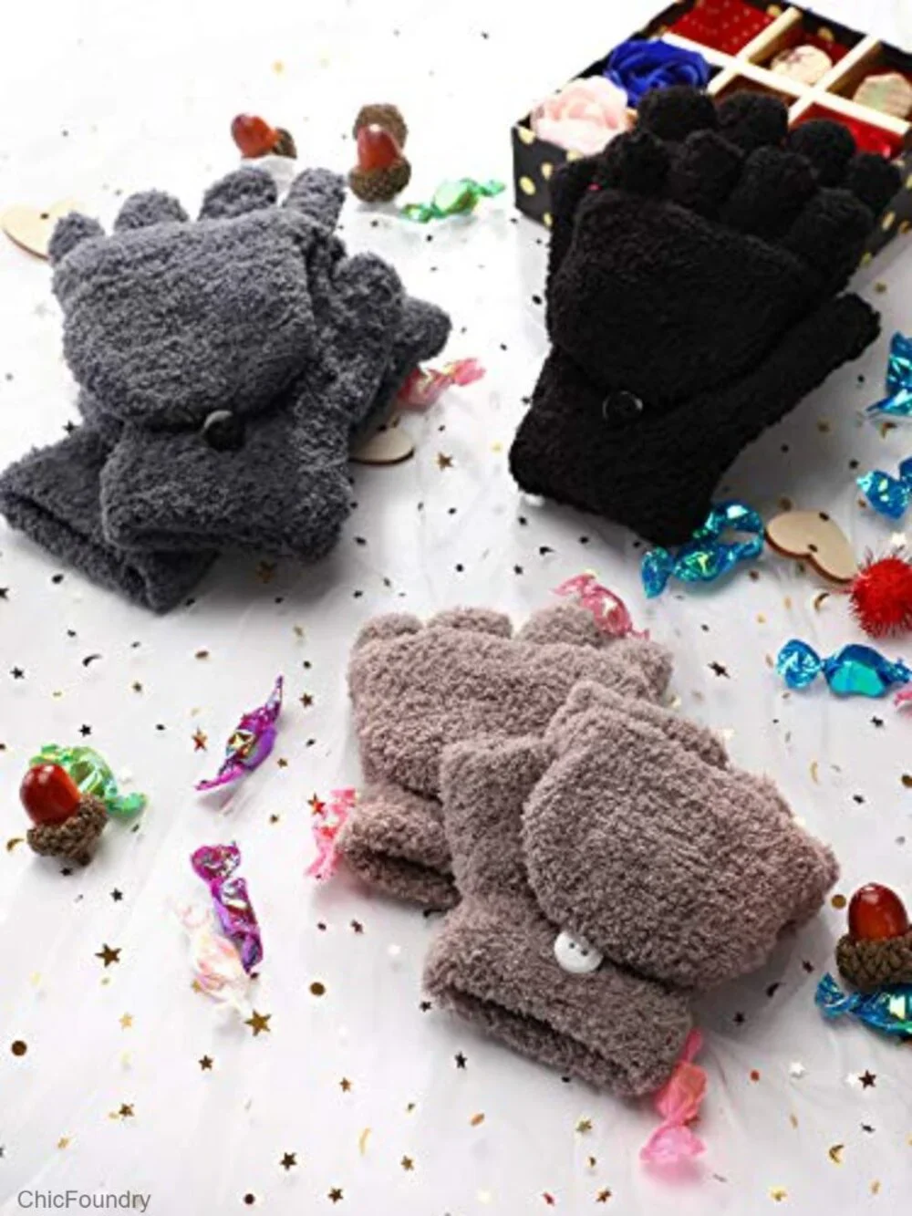 3 Pack Kids Fingerless Convertible Gloves Flip Top Mittens Winter Soft Knit